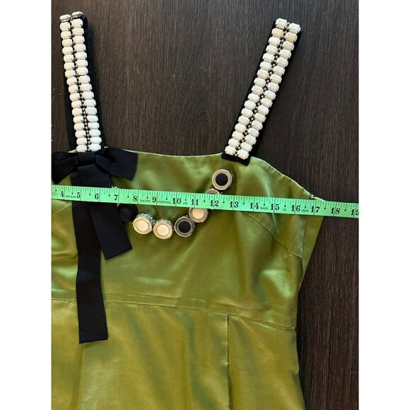 Lela Rose Green Silk Sleeveless Dress W/Decorative Straps Scalloped Hem Size 10 - Picture 6 of 10